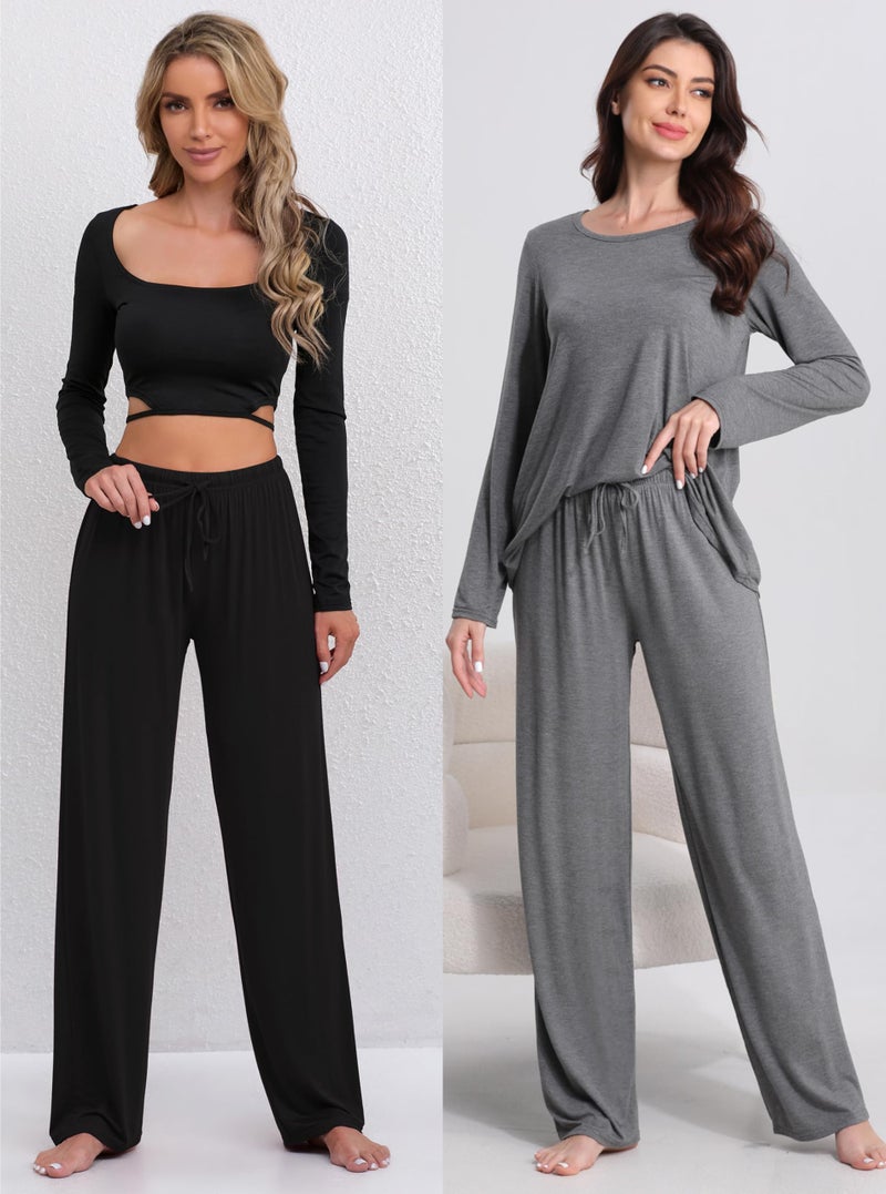 FEQO 2 Pack Women's Lounge Pants Wide Leg Yoga Pants Soft Pajama Bottoms Casual Loose Sweatpants Drawstring Yoga Pants, M(Black,Gray) - Image 5