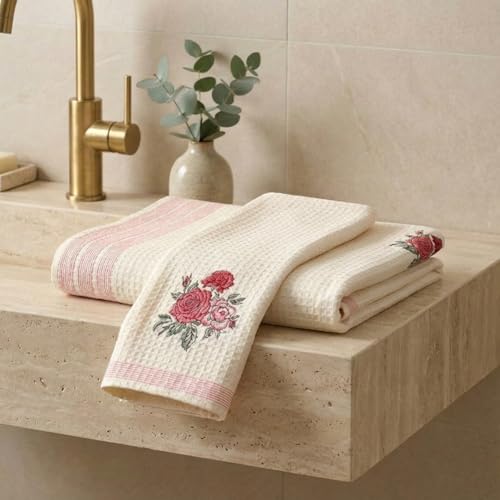 Peepul Tree Block Printed Hand and Bath Towels, Super Absorbent, Soft & Faster Drying, Floral Printed 100% Pure Cotton, 240 GSM (1 Hand and 1 Bath Towel, Off-White & Pink Roses) - Image 1
