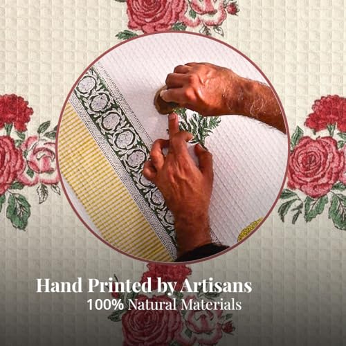 Peepul Tree Block Printed Hand and Bath Towels, Super Absorbent, Soft & Faster Drying, Floral Printed 100% Pure Cotton, 240 GSM (1 Hand and 1 Bath Towel, Off-White & Pink Roses) - Image 5