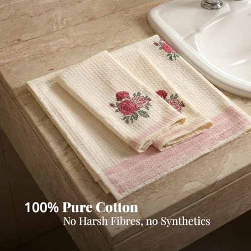 Peepul Tree Block Printed Hand and Bath Towels, Super Absorbent, Soft & Faster Drying, Floral Printed 100% Pure Cotton, 240 GSM (1 Hand and 1 Bath Towel, Off-White & Pink Roses) - Image 2