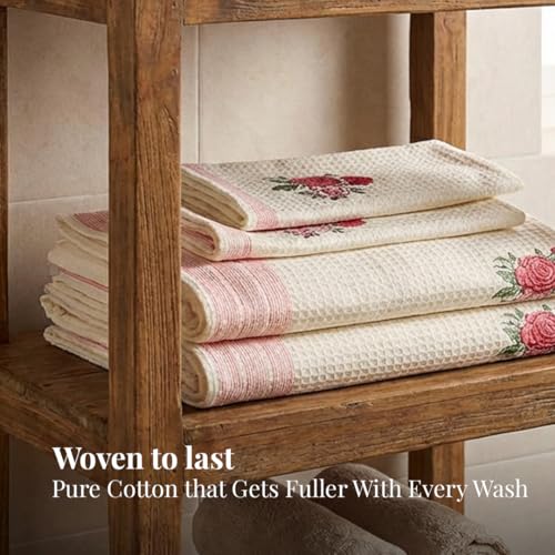Peepul Tree Block Printed Hand and Bath Towels, Super Absorbent, Soft & Faster Drying, Floral Printed 100% Pure Cotton, 240 GSM (1 Hand and 1 Bath Towel, Off-White & Pink Roses) - Image 4