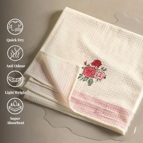 Peepul Tree Block Printed Hand and Bath Towels, Super Absorbent, Soft & Faster Drying, Floral Printed 100% Pure Cotton, 240 GSM (1 Hand and 1 Bath Towel, Off-White & Pink Roses) - Image 3