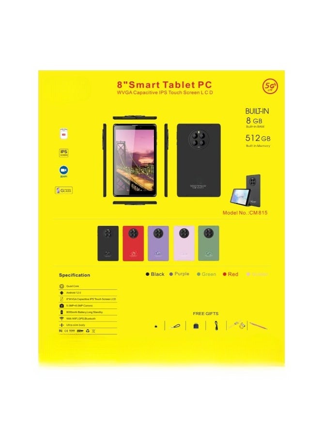CM815 Tablet  8-inch screen LTE connectivity supports 5G band Wi-Fi connection equipped with 8GB RAM and 512GB storage space with a durable shock-resistant cover(Pink)