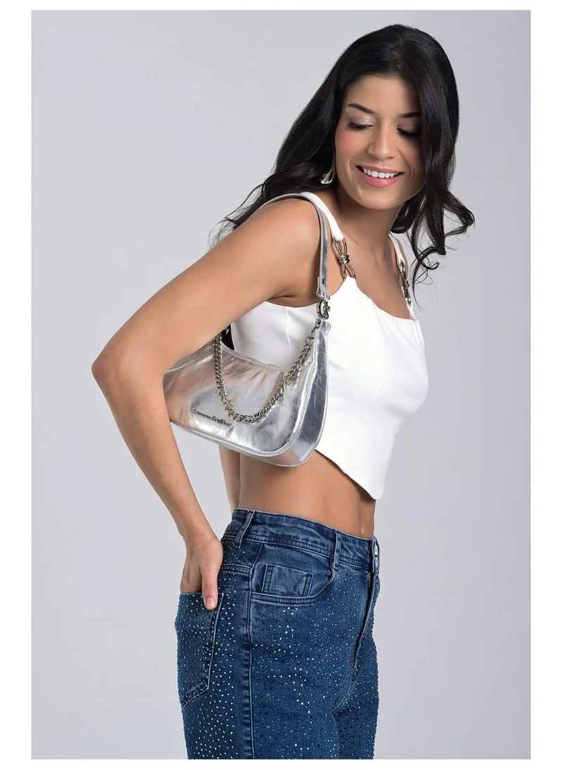 Carmen Steffens  Half-Moon Silver Leather Bag with Chain for Women | Best Price UAE