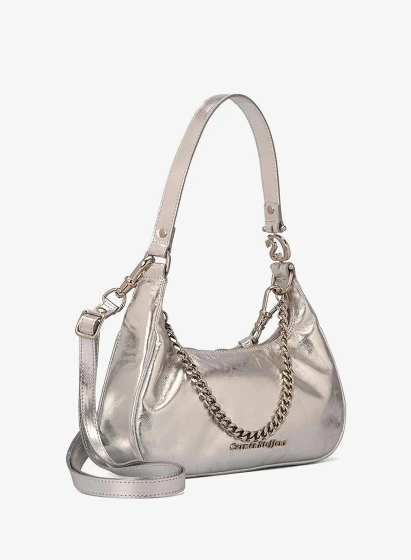 Half-Moon Silver Leather Bag with Chain