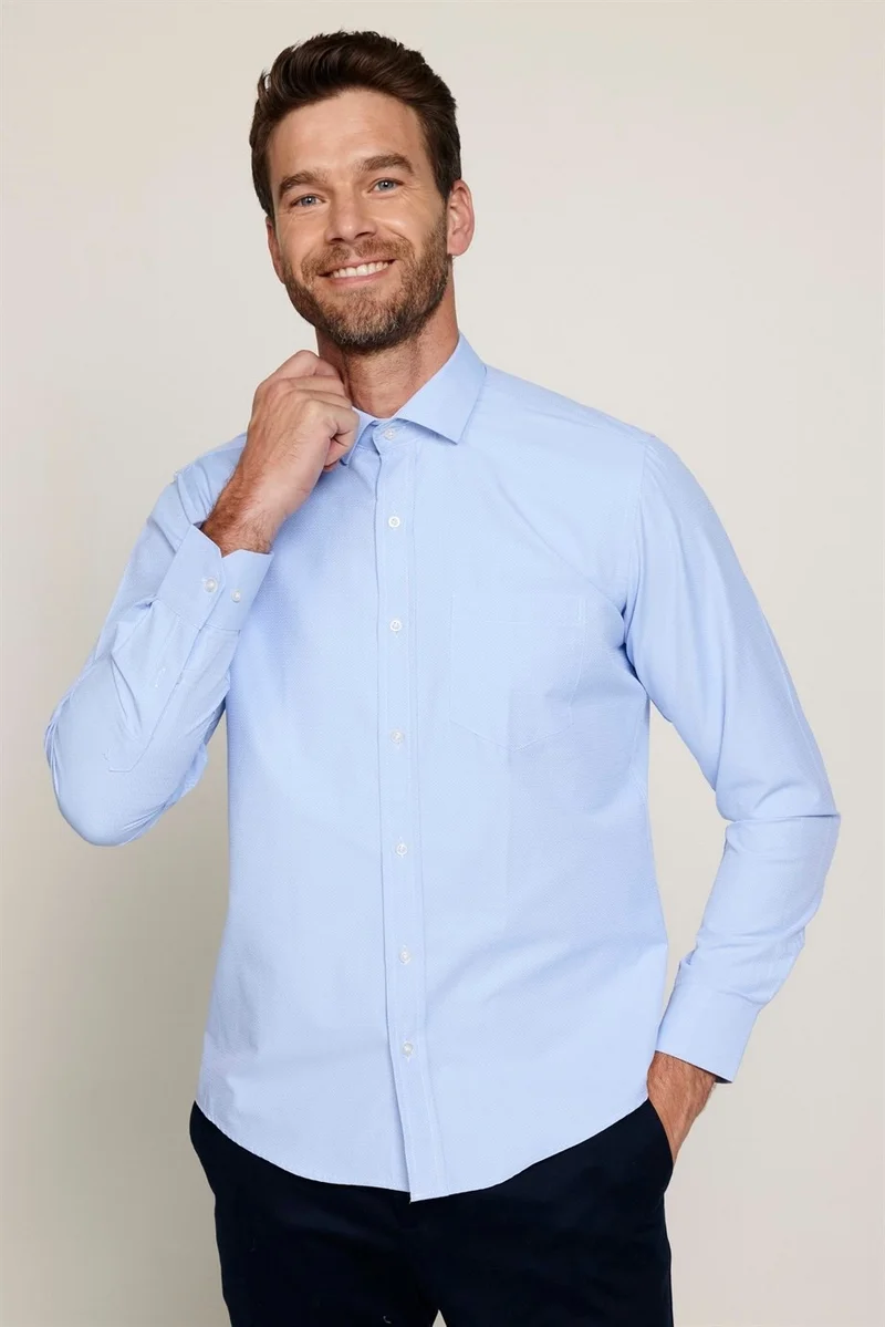 تودورس Classic Fit Dobby Tie Collar Patterned Men's Blue Shirt