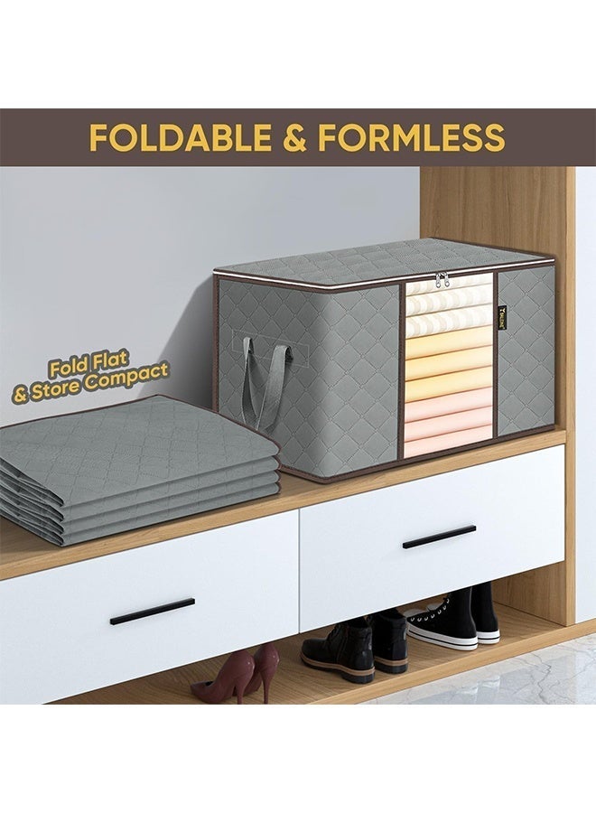 BELANO 4 Pcs Clothes Storage Bags Foldable Wardrobes Closet Organizer with Reinforced Handle Zipper Clear Window Grey with Brown Edge - Image 5