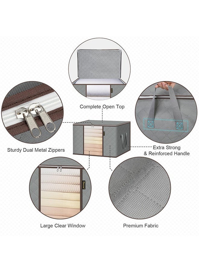BELANO 4 Pcs Clothes Storage Bags Foldable Wardrobes Closet Organizer with Reinforced Handle Zipper Clear Window Grey with Brown Edge - Image 3