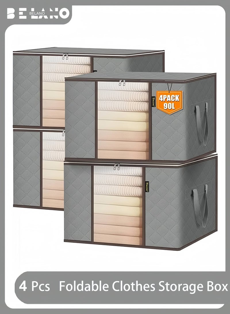 BELANO 4 Pcs Clothes Storage Bags Foldable Wardrobes Closet Organizer with Reinforced Handle Zipper Clear Window Grey with Brown Edge - Image 1
