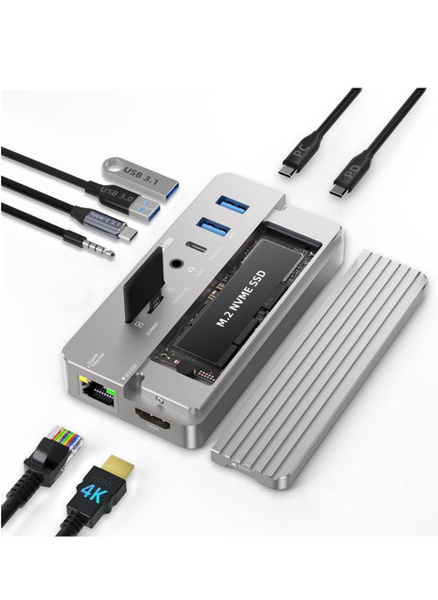 قاعدة توصيل USB C 10 في 1 وحاوية M.2 NVMe SSD، ومحول محور USB-C متعدد المنافذ مع 4K HDMI، ومنفذ USB 3.1، توصيل طاقة 100 واط، حاوية USB 3.1 Type-C لـ M.2 PCIe NVMe ومحركات أقراص SATA SSD