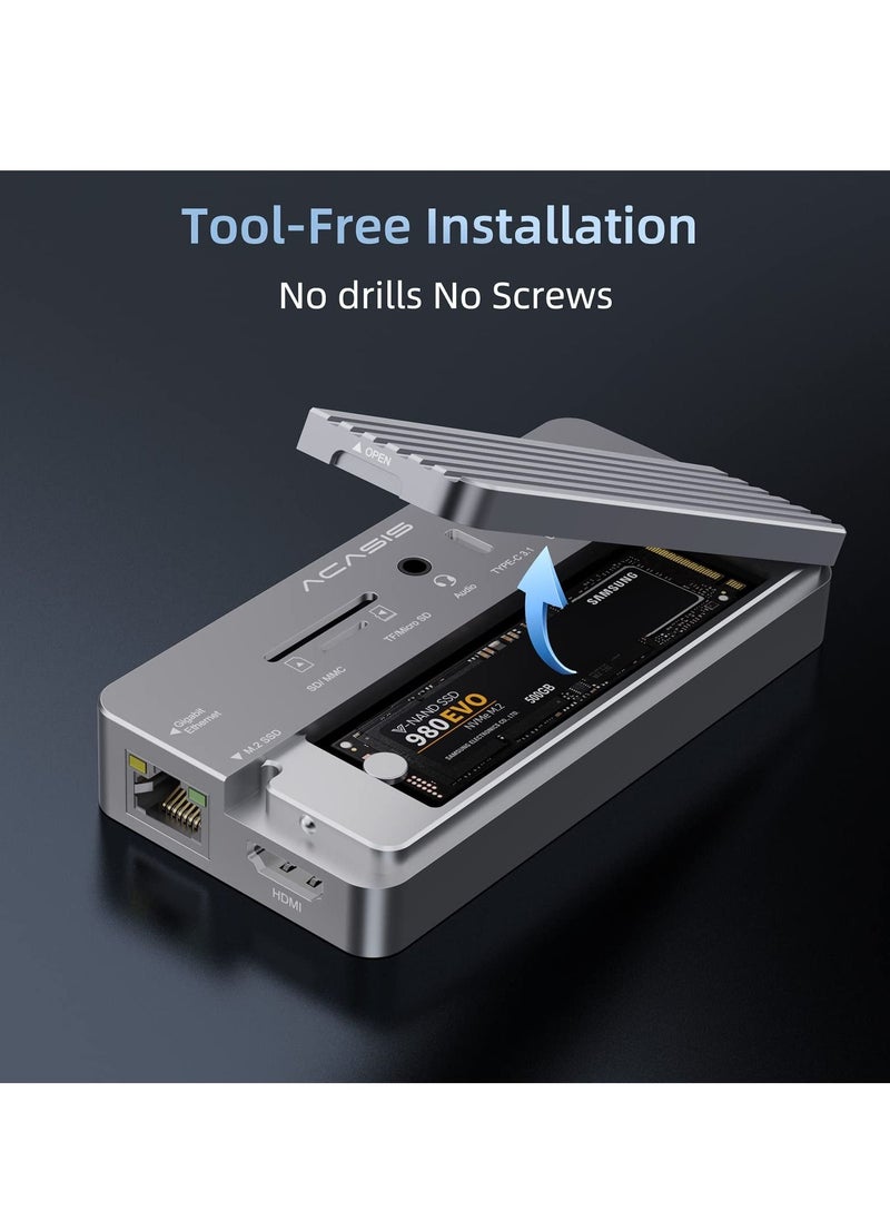 قاعدة توصيل USB C 10 في 1 وحاوية M.2 NVMe SSD، ومحول محور USB-C متعدد المنافذ مع 4K HDMI، ومنفذ USB 3.1، توصيل طاقة 100 واط، حاوية USB 3.1 Type-C لـ M.2 PCIe NVMe ومحركات أقراص SATA SSD