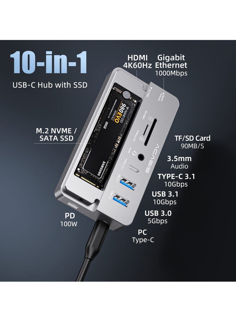 قاعدة توصيل USB C 10 في 1 وحاوية M.2 NVMe SSD، ومحول محور USB-C متعدد المنافذ مع 4K HDMI، ومنفذ USB 3.1، توصيل طاقة 100 واط، حاوية USB 3.1 Type-C لـ M.2 PCIe NVMe ومحركات أقراص SATA SSD