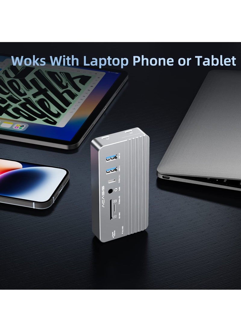 قاعدة توصيل USB C 10 في 1 وحاوية M.2 NVMe SSD، ومحول محور USB-C متعدد المنافذ مع 4K HDMI، ومنفذ USB 3.1، توصيل طاقة 100 واط، حاوية USB 3.1 Type-C لـ M.2 PCIe NVMe ومحركات أقراص SATA SSD