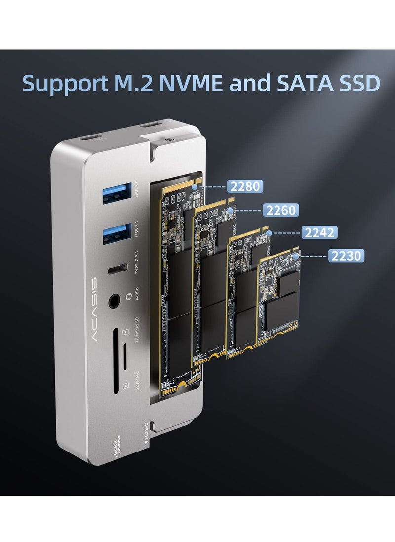 قاعدة توصيل USB C 10 في 1 وحاوية M.2 NVMe SSD، ومحول محور USB-C متعدد المنافذ مع 4K HDMI، ومنفذ USB 3.1، توصيل طاقة 100 واط، حاوية USB 3.1 Type-C لـ M.2 PCIe NVMe ومحركات أقراص SATA SSD