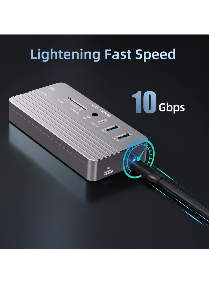 قاعدة توصيل USB C 10 في 1 وحاوية M.2 NVMe SSD، ومحول محور USB-C متعدد المنافذ مع 4K HDMI، ومنفذ USB 3.1، توصيل طاقة 100 واط، حاوية USB 3.1 Type-C لـ M.2 PCIe NVMe ومحركات أقراص SATA SSD