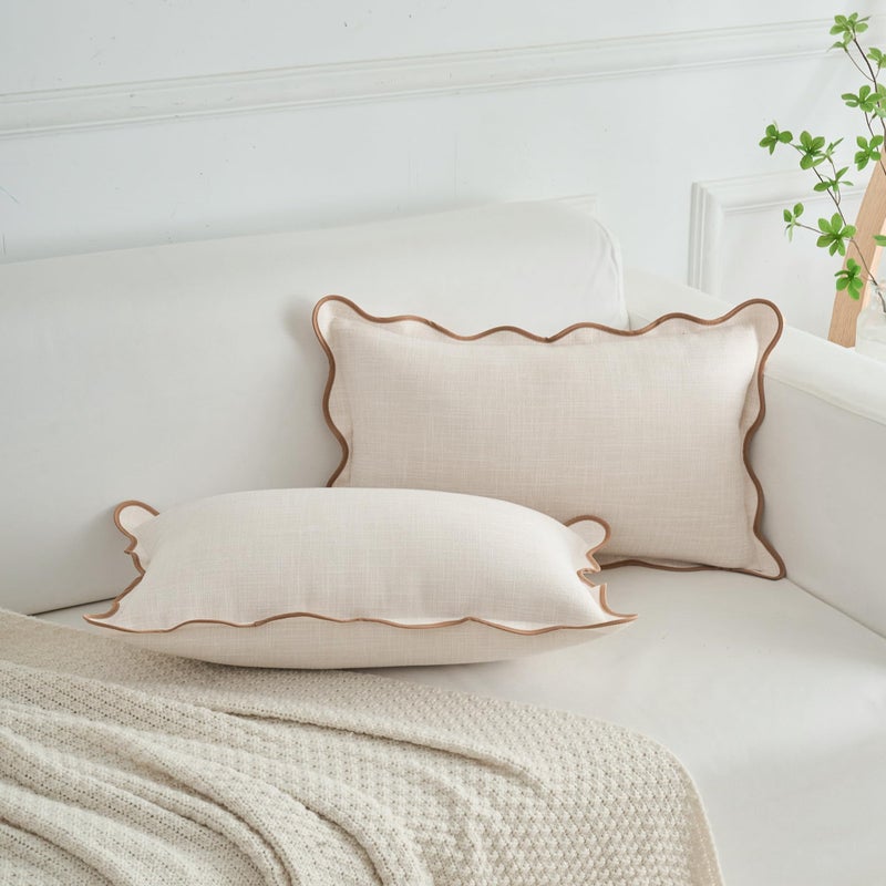 Mayler Yee Scalloped Throw Pillow Covers Set of 2 for Living Room Cotton  Linen Boho Sytle Decorative Home Beige  Brown Edge 12x20 Inch