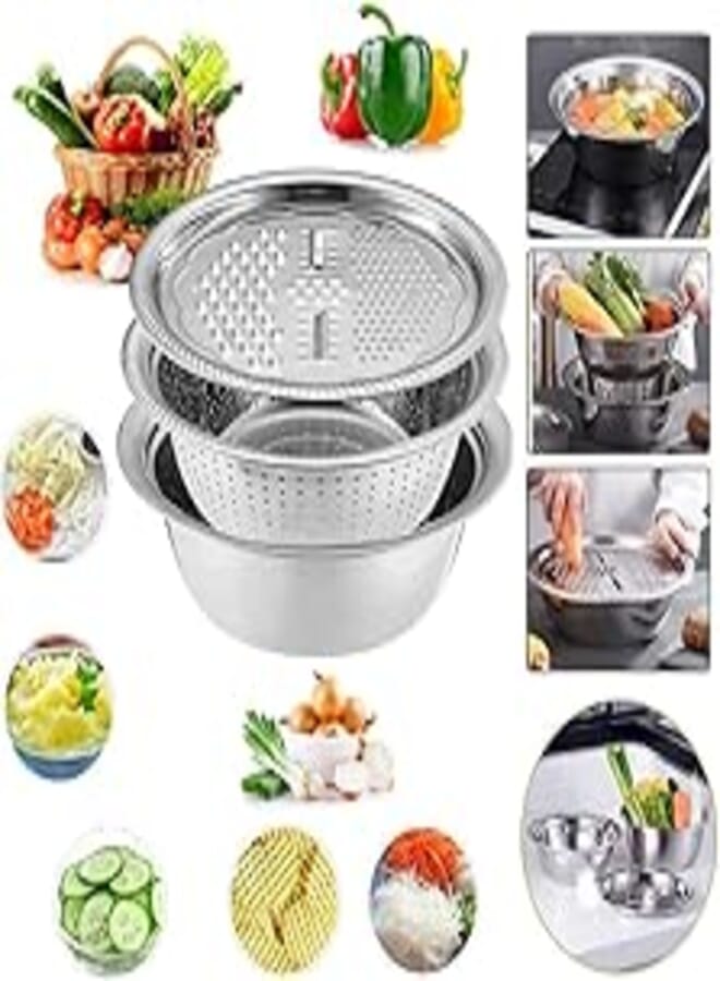 Stainless Steel Basin Grater Colander With Lids, Kitchen Salad Mixing Bowls with Strainers,Cheese Cutter Slicer Basket for Vegetables Fruit Rice Food Washing,Shredding Set for Cooking Prepping