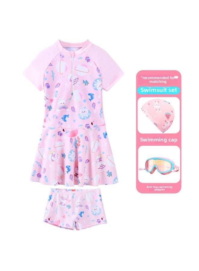 Generic Children's Swimwear Girls' Western-style Dress Split Boxers Swimwear Girls' Training Special Swimsuit-Color:Pink 169 {clothes + Swimming Cap + Anti-fog Swimming Goggles}- - Image 1