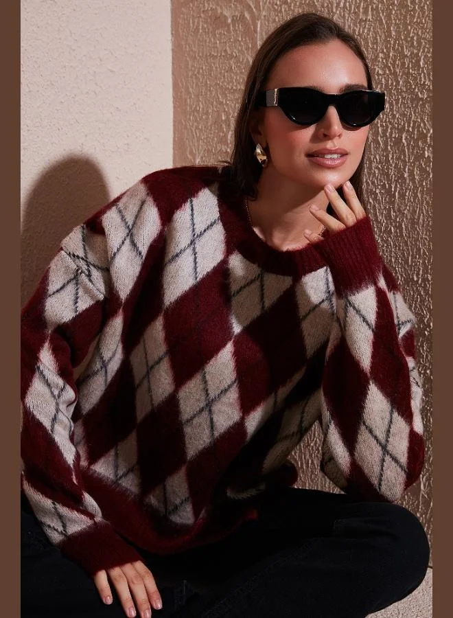 Lela Lela Oversize Fit Crew Neck Diamond Patterned Soft Texture Sweater Women's SWEATER 4616223