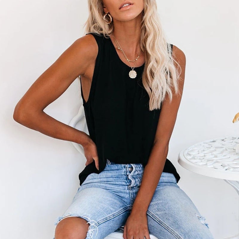 CARNEY Carney Europe and America Cross-border Ladies Top Foreign Trade Fashion Casual Solid Color Round Neck Sleeveless T-Shirt black XXL - Image 2