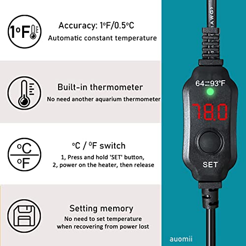 auomii Mini Submersible Aquarium Heater, 25/50/100/150/200/300 Watts Adjustable Fish Tank Heater, Built-in Thermometer, External Temperature Controller, Smart Memory, Used for 1-60 Gallons (20W Plug) - Image 4