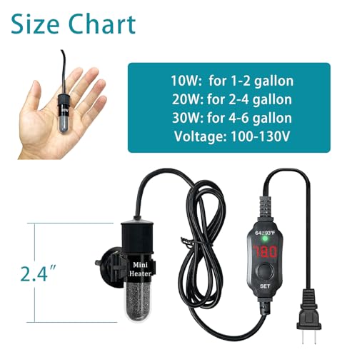 auomii Mini Submersible Aquarium Heater, 25/50/100/150/200/300 Watts Adjustable Fish Tank Heater, Built-in Thermometer, External Temperature Controller, Smart Memory, Used for 1-60 Gallons (20W Plug) - Image 2