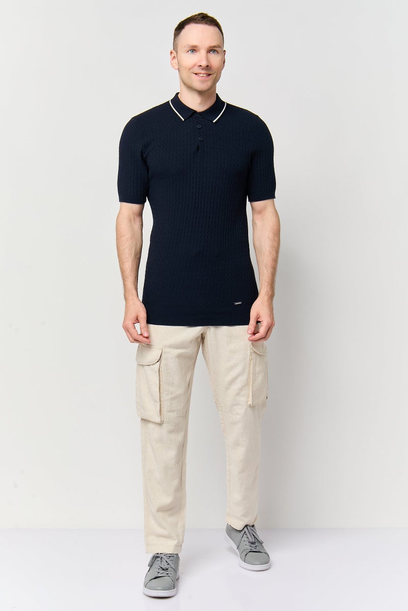 Threadbare Men Regular Fit Textured Short Sleeve Polo Shirt, Navy - Image 2
