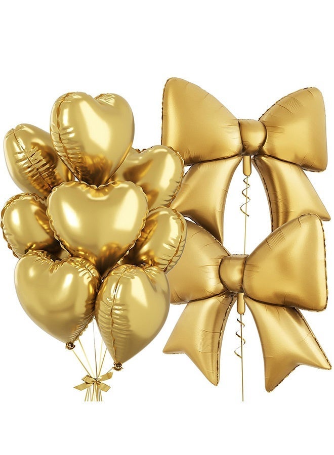 SenRan Golden balloon decoration set, consisting of 8 18 inch heart-shaped balloons and 2 38 inch large bow shaped balloons - Image 1