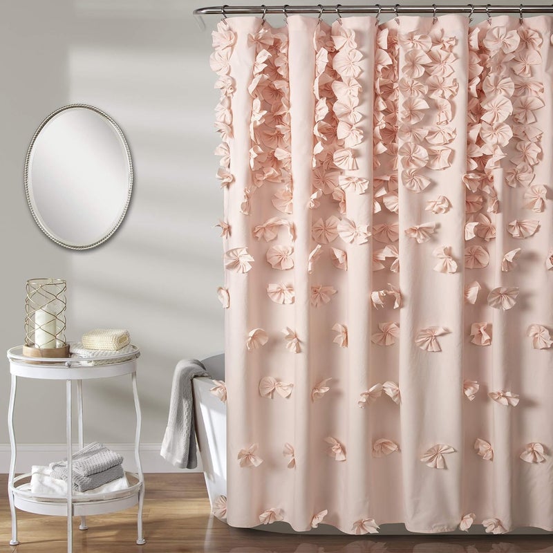 Lush Decor Riley Shower Curtain, 72" W x 72" L, Blush - Luxury Shower Curtain With Bows - Charming Texture - Beautiful & Elegant Girly Bathroom Accessory - Romantic, Vintage Glam Bathroom Decor - Image 1