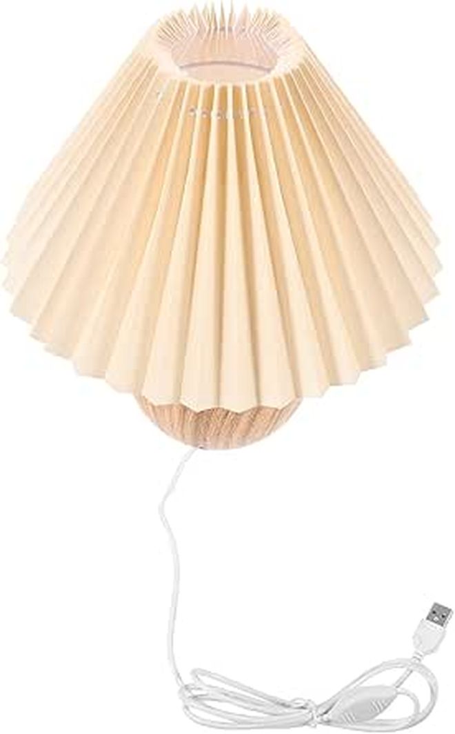 Wooden Base Dimmable Bedside Table Lamp With USB Port And Pleated Shade - Image 1