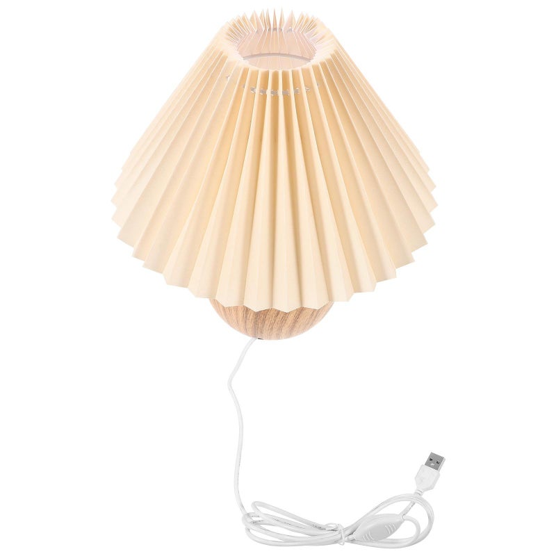 Wooden Base Dimmable Bedside Table Lamp With USB Port And Pleated Shade - Image 2
