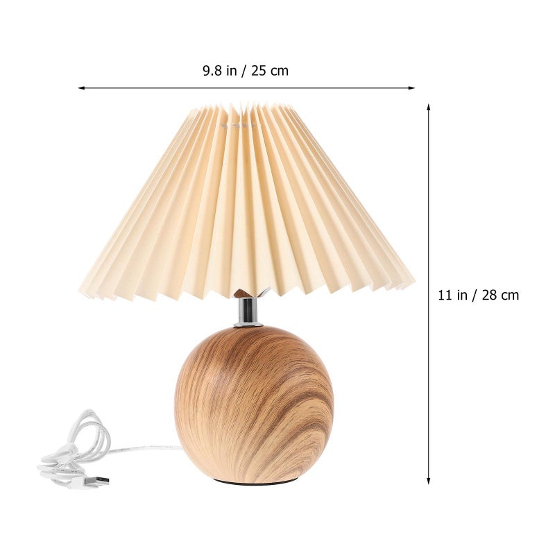 Wooden Base Dimmable Bedside Table Lamp With USB Port And Pleated Shade - Image 3