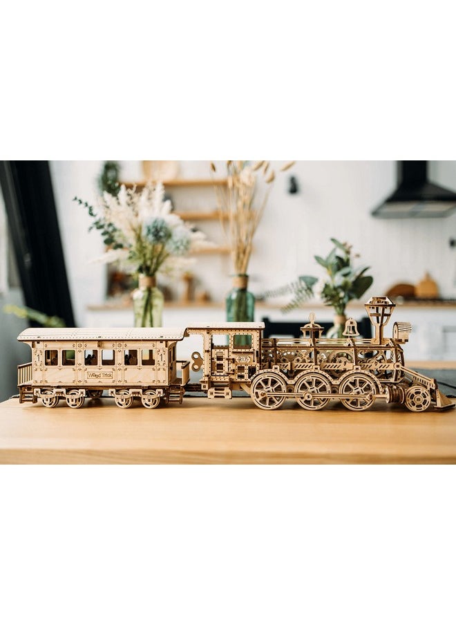 Wood Trick - Wood Trick Wooden Toy Train Set with Railway - 34x7″ - Locomotive Train Toy Mechanical Model Kit - 3D Wooden Puzzles for Adults and Kids to Build - Engineering DIY Wooden Models for Adults to Build - Image 1