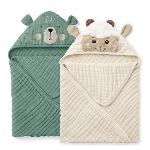 Blissful Diary Muslin Baby Hooded Towel 2 Pack Soft Absorbent Bath Towel for Infant Toddler Unisex Baby Gift Newborn Essentials Bear Lamb - Image 1