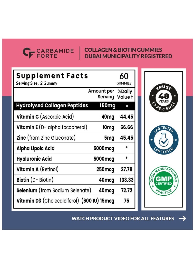 CARBAMIDE FORTE Collagen And Biotin Gummies Supplements For Skin And Hair Mixed Fruit Flavour 60 Gummies  - Image 2