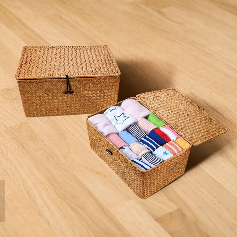 Esoes All governorates deliver Wicker Storage Basket Woven Rattan Storage Box With Lids Seagrass Laundry Baskets Makeup Organizer For Bathroom, Living Room, Kitchen (M) Indoor outdoor all-purpose fit - Image 5