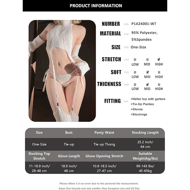 paloli طقم ملابس داخلية نسائية محبوكة باللون الابيض مكون من بلوزة قصيرة بحمالة للرقبة بتصميم رباط، زي تنكري مثير - Image 4
