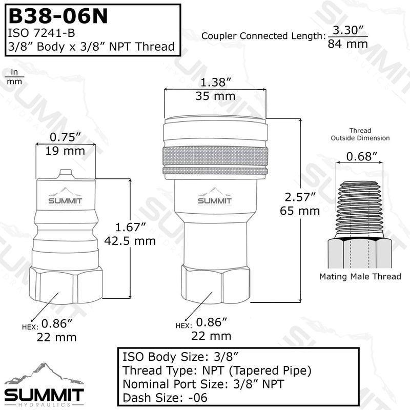 Summit Hydraulics 3/8" NPT ISO 7241-B Quick Disconnect Coupling/Coupler Set - Image 2