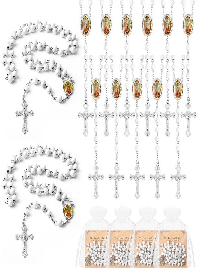 Taikula 30 Pcs 14 inch Lady of Guadalupe Bead Rosaries Wooden Rosary with Crucifix Necklace, Favors Catholic Gift Rosaries with Organza Bag for Baptism, for Men Women(Silver-white, 30) - Image 1