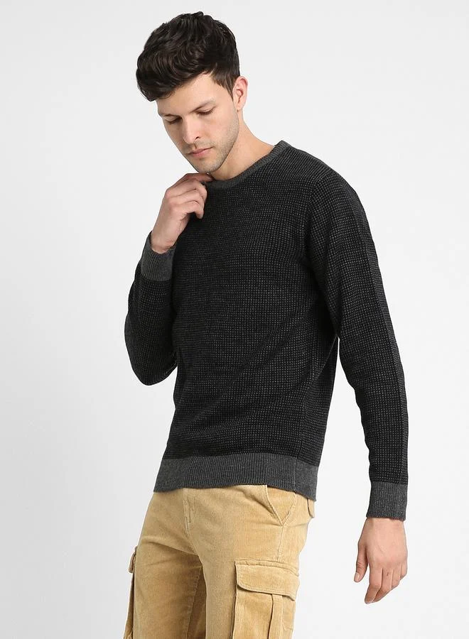 Dennis Lingo Men's Black 100% Acrylic Self Design Regular Fit Sweater
