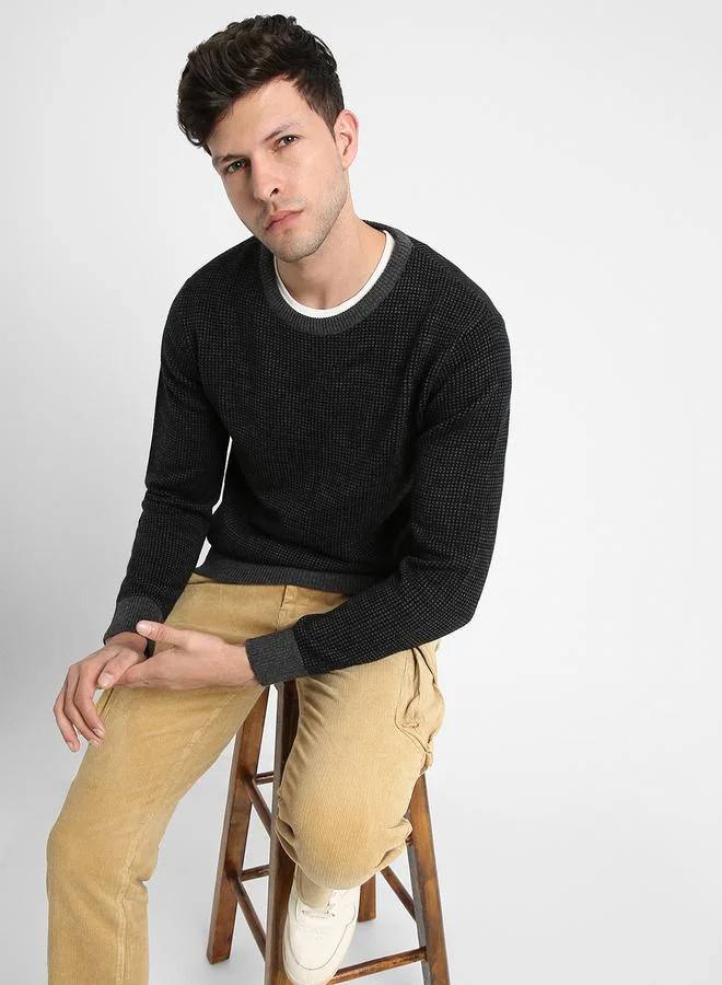 Dennis Lingo Men's Black 100% Acrylic Self Design Regular Fit Sweater