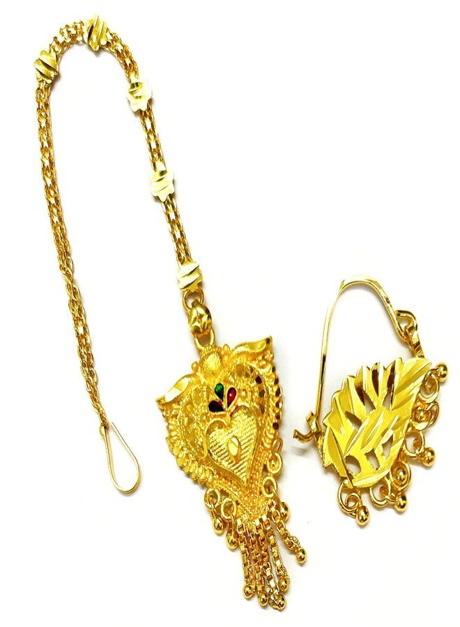 SMARNN Gold Plated Nose Ring and Mang Tikka Maang tikka Set for Women (Style 9) - Image 1