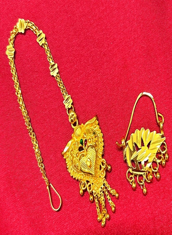 SMARNN Gold Plated Nose Ring and Mang Tikka Maang tikka Set for Women (Style 9) - Image 2