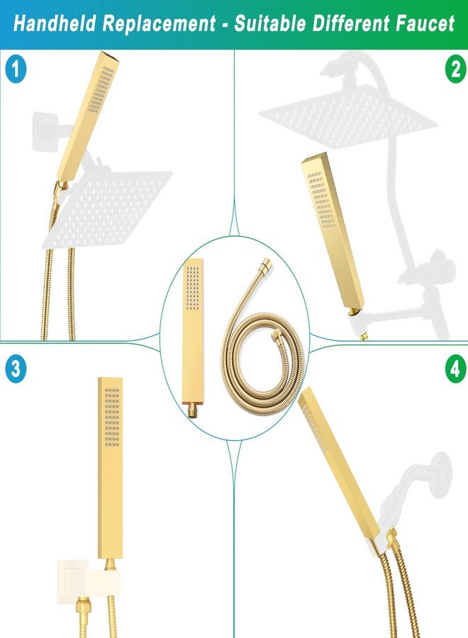 Enga Square Brass Hand Held Shower Head with Hose, Full Body Coverage Powerful Handheld Showerhead Replacement (Without Holder), Brushed Gold - Image 3