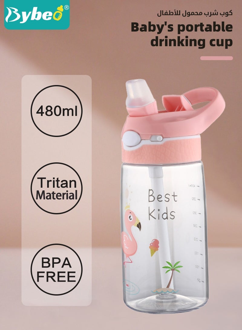 بيبو زجاجة ماء للأطفال من تريتان مع قشاط ومقبض، كوب طفل لطيف مضاد للتسرب، زجاجة شرب للأولاد والبنات في المدرسة، أكواب شرب قابلة لإعادة الاستخدام للاستخدام في الداخل والخارج، للنزهات والسفر بسعة 480 مل. - Image 2
