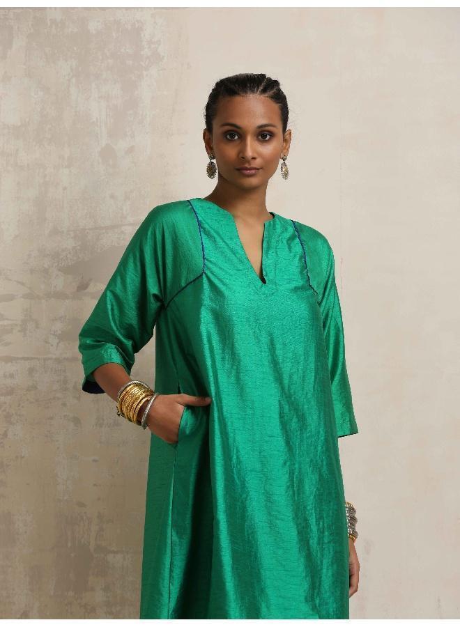 trueBrowns Bright Green Silk Kurta Co-ord Set - Image 5