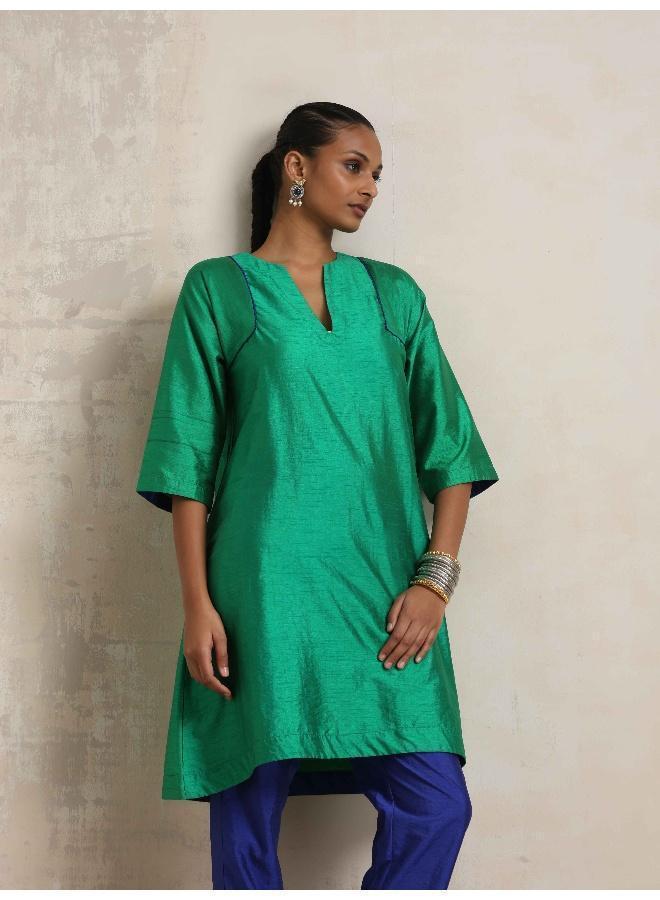 trueBrowns Bright Green Silk Kurta Co-ord Set - Image 3