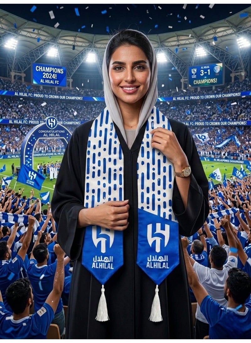 وشاح الهلال الأزرق والأبيض الأنيق | شال ساتان فاخر بتصميم عصري، مزين بشرابات بيضاء أنيقة مميزة وتصميم جريء - رمز فخر الرياض وشغف كرة القدم وإرثها منذ عام 1957 - Image 3