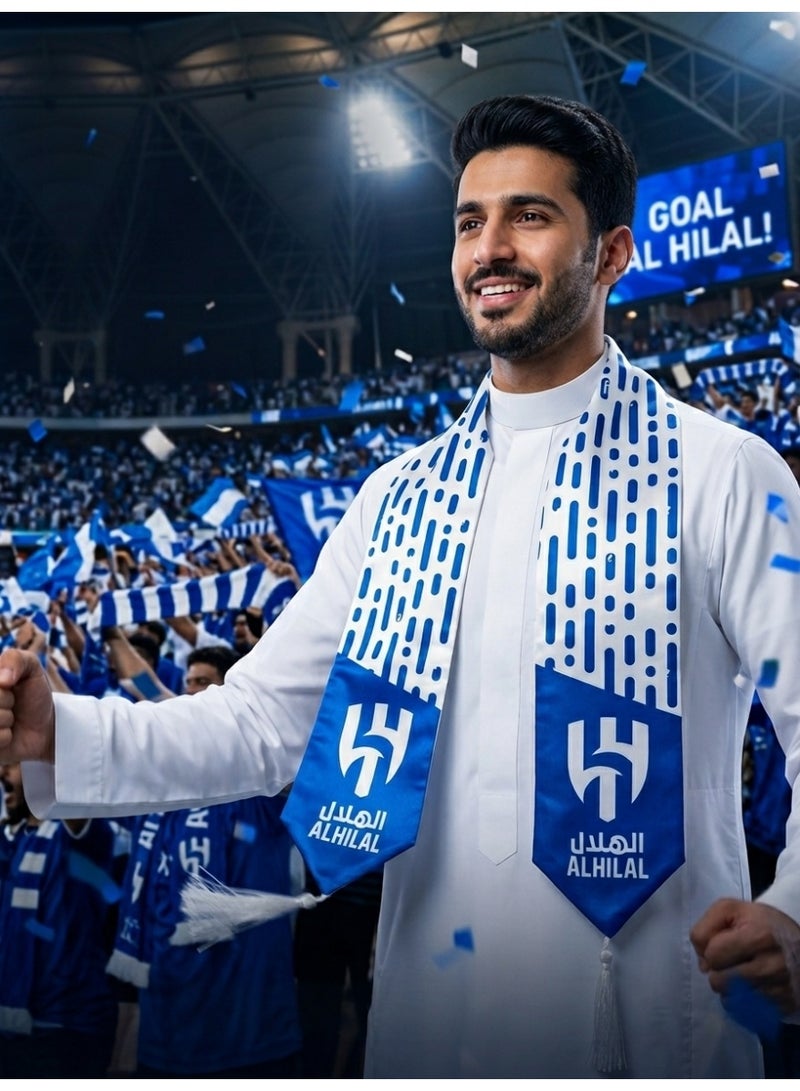 وشاح الهلال الأزرق والأبيض الأنيق | شال ساتان فاخر بتصميم عصري، مزين بشرابات بيضاء أنيقة مميزة وتصميم جريء - رمز فخر الرياض وشغف كرة القدم وإرثها منذ عام 1957 - Image 2