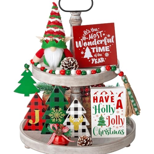 Asoulin Farmhouse Christmas Tiered Tray Decor 10 PCS Set with Wooden Signs Gnome Plush Kitchen Table Mantel Party - Image 1